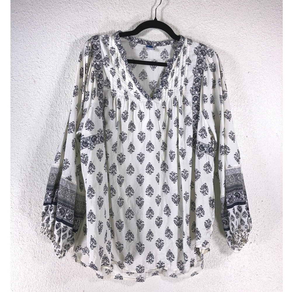 Old Navy Womens XL White Navy Blue Block Print Boho Pleated V-Neck Blouse Top